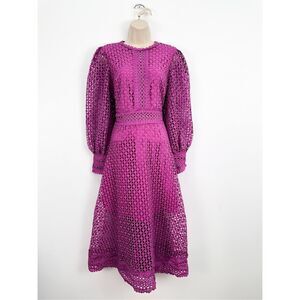 Unbranded Purple Cut Out Lace High Neck Puff Long Sleeved Occasion Midi Dress